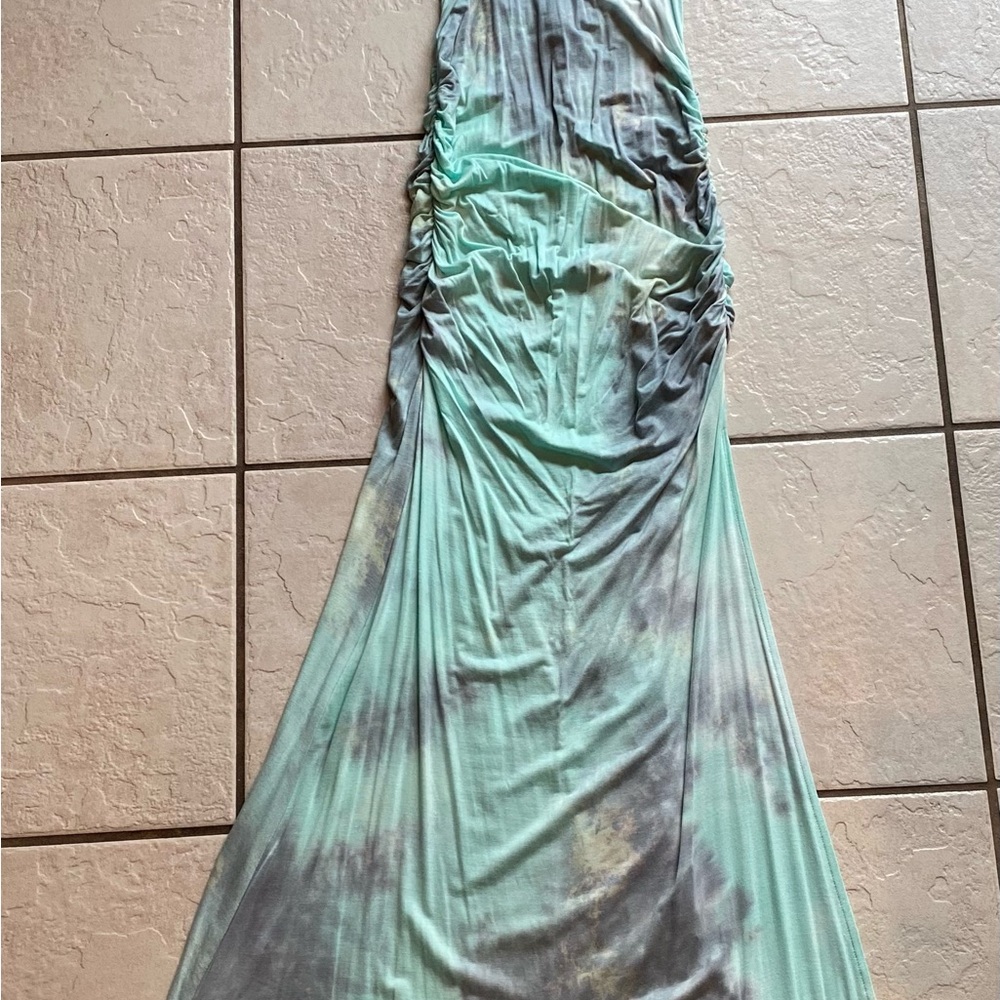 Venus Tye Dye maxi Dress Teal/gray Open Back W/ Side Slit Size Extra Small NWT